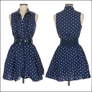 Bailey Blue Sleeveless Polka Dot Fit & Flare Dress w/ Belt, Navy Blue, Large